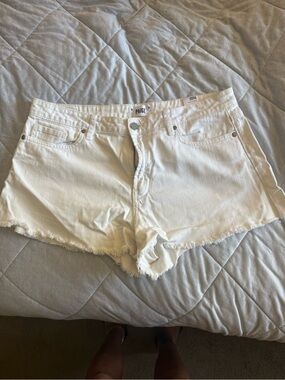 PAIGE White Frayed Hem Denim Cutoff Shorts